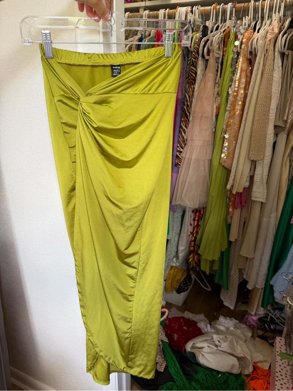 SHEIN Olive Satin Twist-Front Midi Skirt